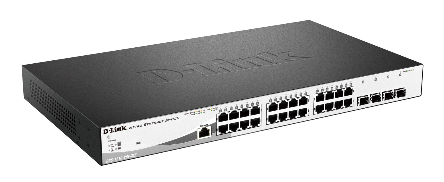 D-Link | Metro Ethernet Switch | DGS-1210-28P/ME | Managed L2 | Rack mountable | Gigabit Ethernet (copper) ports quantity 24 | SFP ports quantity 4 | Power over Ethernet (PoE) ports quantity 20 | PoE/Poe+ ports quantity 4 | Power supply type Single | 24 month(s)