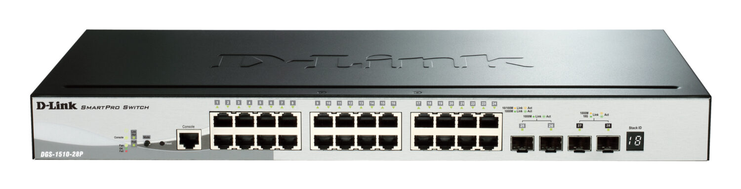 D-Link | Switch | DGS-1510-28P | Web Management | Rack mountable | Gigabit Ethernet (copper) ports quantity 24 | SFP ports quantity 2 | SFP+ ports quantity 2 | PoE/Poe+ ports quantity 24 | Power supply type Single | 24 month(s)