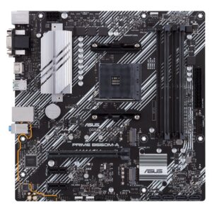 Asus | PRIME B550M-A | Processor family AMD | Processor socket AM4 | DDR4 | Memory slots 4 | Supported hard disk drive interfaces M.2, SATA | Number of SATA connectors 4 | Chipset AMD B | Micro ATX