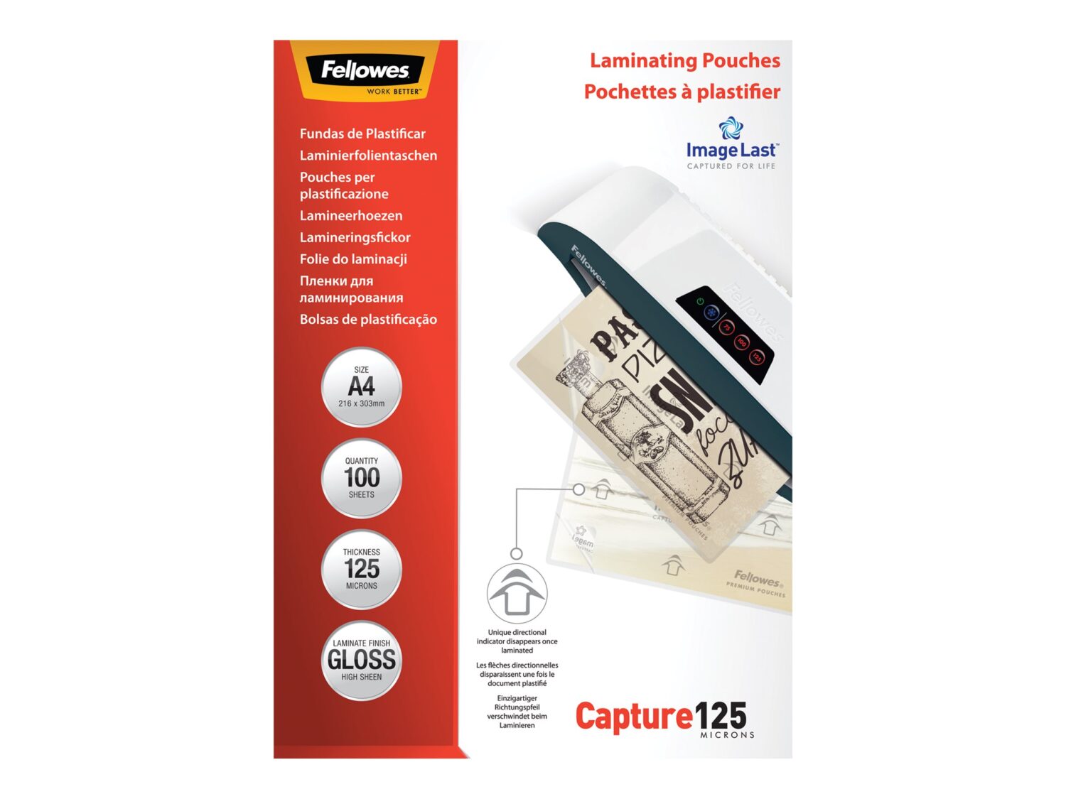 Fellowes | Laminating Pouch PREMIUM | A4 | Glossy | Thickness: 125 micron, Qty Per Pack: 100 pcs; Ideal for notices, craft materials, signage and frequently handled documents; Compatible with all laminator brands - Image 2