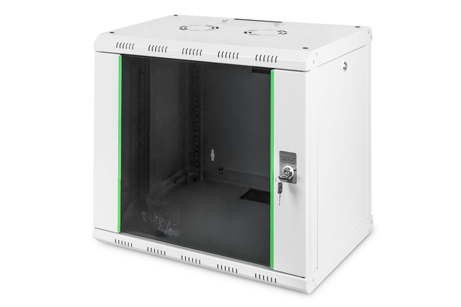 Digitus | Wall Mounting Cabinet | DN-19 09-U | Grey | IP protection class: IP20; Front door: Glass door, single opening; Cabinet type: Wall mounting cabinet; Equipment mounting depth min.-max.: 305-370 mm; Load capacity: 100 kg; Dimensions: 509 x 600 x 450 mm