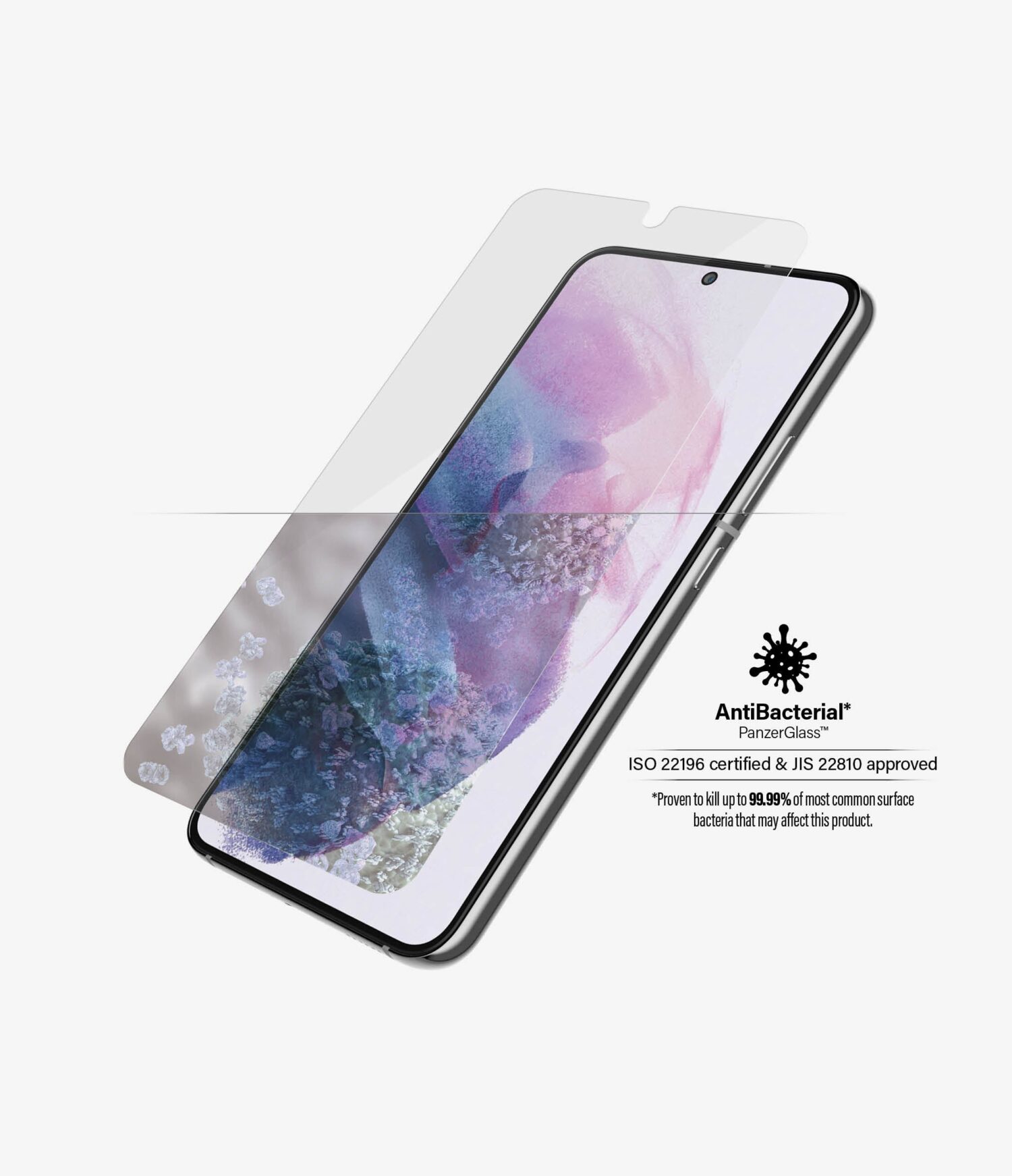 PanzerGlass | Samsung | Galaxy S22 | Tempered glass | Transparent | Case friendly. Compatible with ultrasonic fingerprint sensor. 100 % touch sensitivity. Antibacterial (ISO 22196 certified & JIS 22810 approved) | Screen Protector