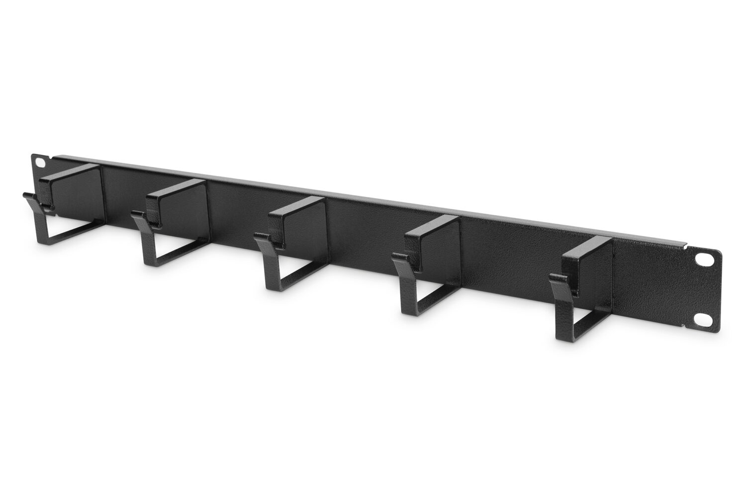 Digitus | Cable Management Panel | DN-97602 | Black | 5x cable management ring (HxD: 40x60 mm). The Cable Management Panel is getting fixed on the 483 mm (19“) profile rails. Five cable guiding rings allow an easy, horizontal array of patch cables. It guarantees an optimized cable management in your 483 mm (19”) network- or server rack.