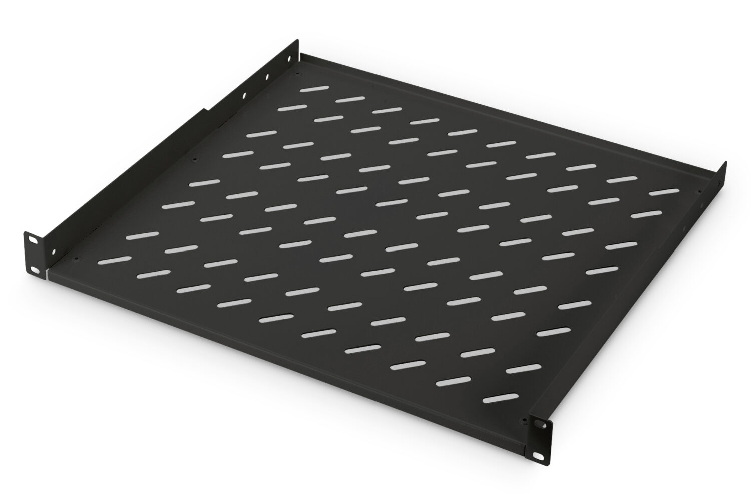 Digitus | 1U Fixed Shelf for Racks | DN-19 TRAY-1-400-SW | Black | The shelves for fixed mounting can be installed easy on the two front 483 mm (19“) profile rails of your 483 mm (19“) network- or server cabinet. Due to their stable, perforated steel sheet with a high load capacity, they are the optimal surface for components which are not 483 mm (19”) suitable