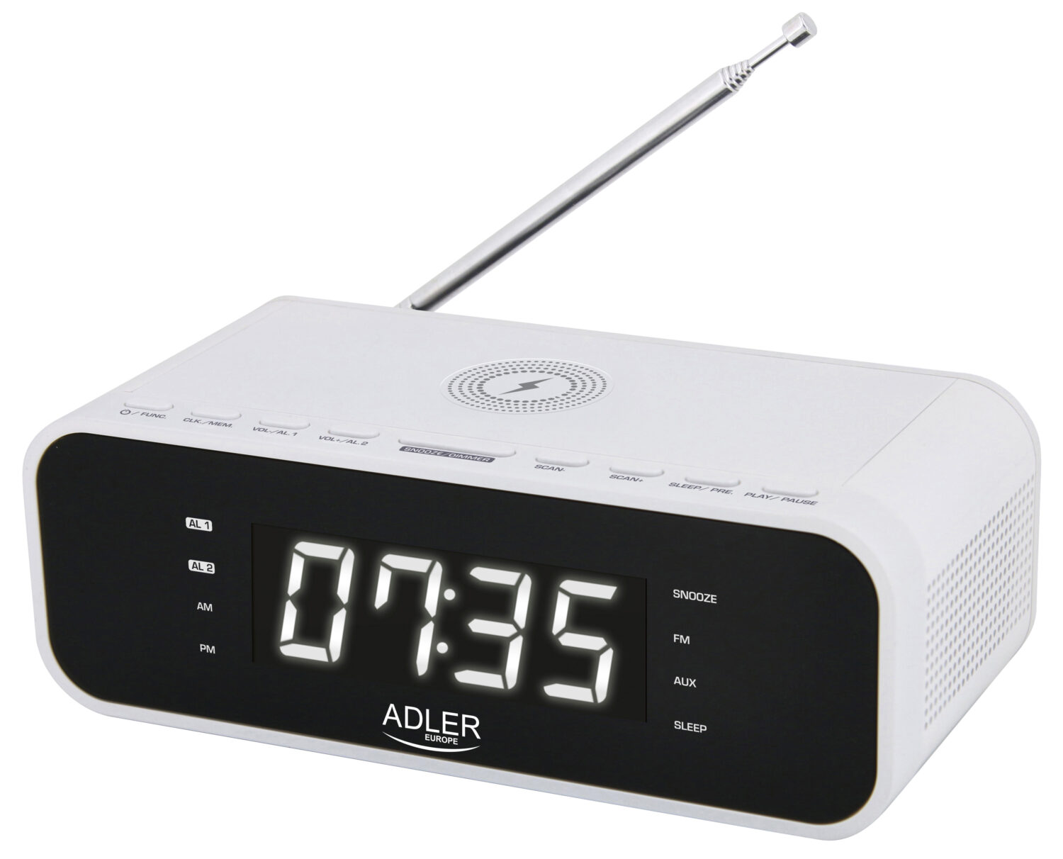 Adler | Alarm Clock with Wireless Charger | AD 1192W | Alarm function | AUX in | White