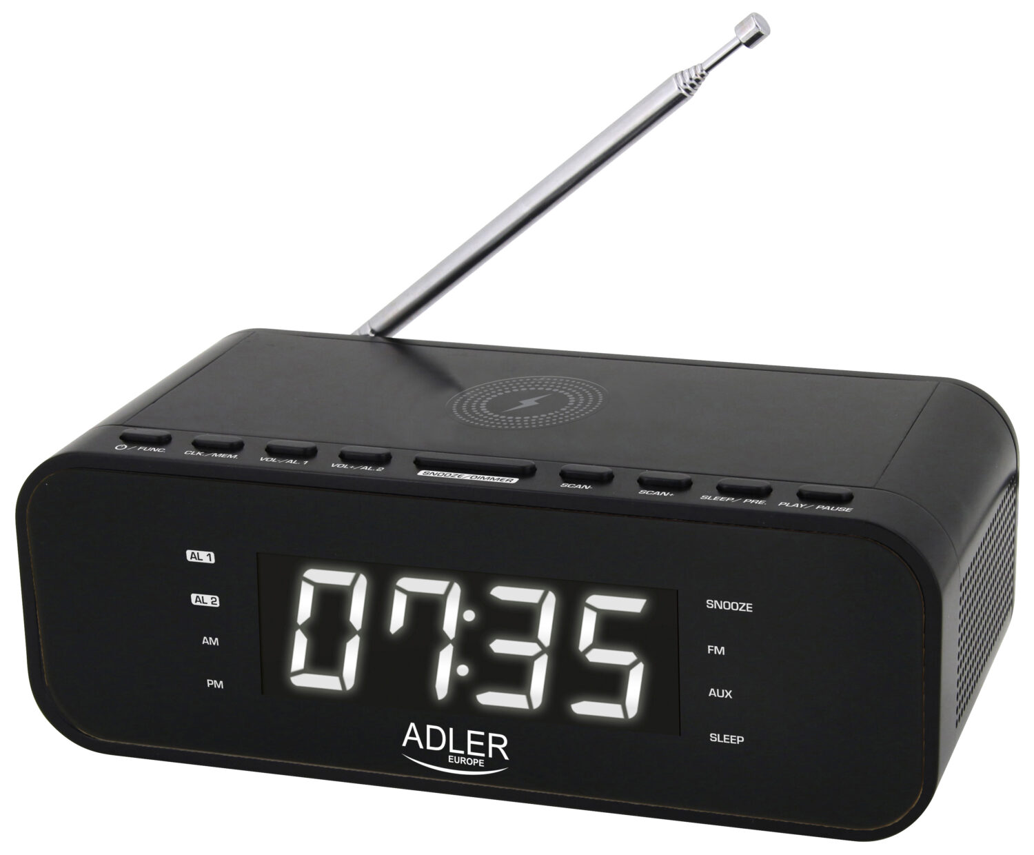 Adler | Alarm Clock with Wireless Charger | AD 1192B | Alarm function | AUX in | Black