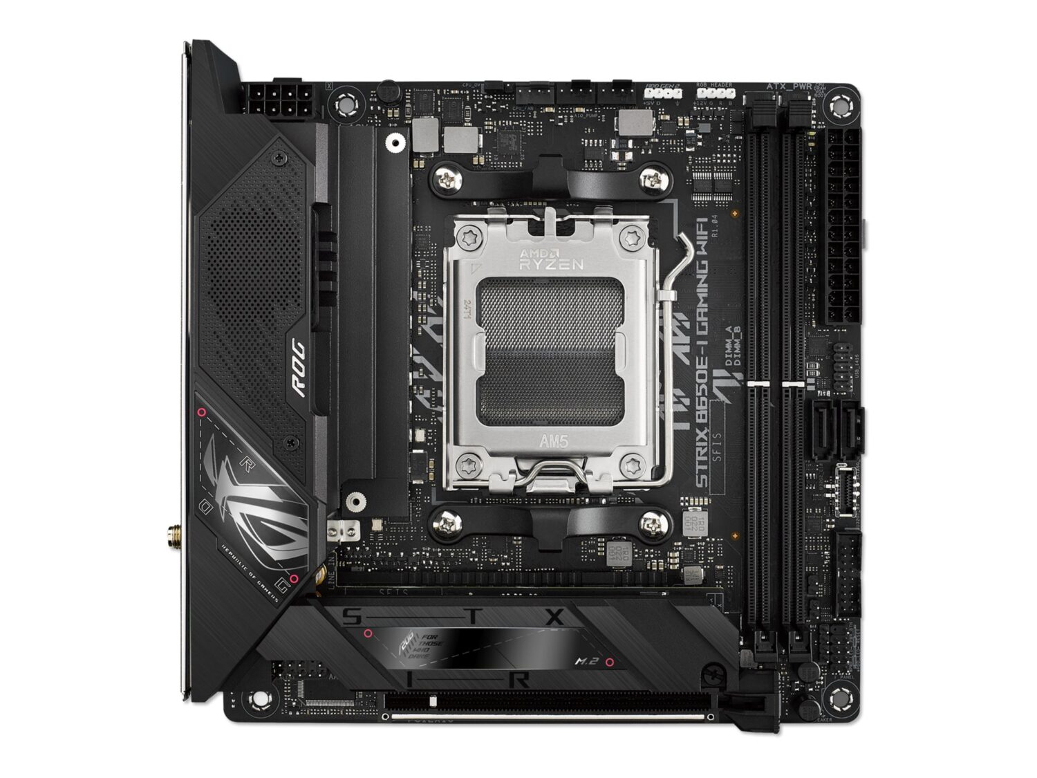 Asus | ROG STRIX B650E-I GAMING WIFI | Processor family AMD | Processor socket AM5 | DDR5 DIMM | Memory slots 2 | Supported hard disk drive interfaces 	SATA, M.2 | Number of SATA connectors 2 | Chipset  AMD B650 | Mini-ITX
