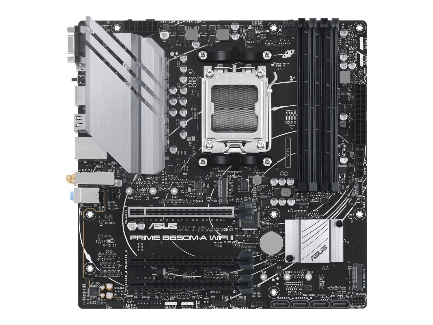 Asus | PRIME B650M-A WIFI II | Processor family AMD | Processor socket AM5 | DDR5 DIMM | Memory slots 4 | Supported hard disk drive interfaces 	SATA, M.2 | Number of SATA connectors 4 | Chipset  AMD B650 | mATX