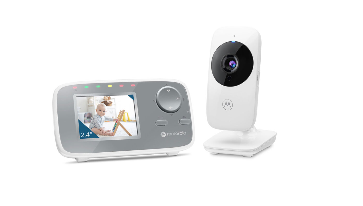 Motorola | Video Baby Monitor | VM482 2.4" | 2.4" LCD color display with 480 x 272px resolution; Room temperature monitoring; Infrared night vision; Infrared night vision; 2.4GHz FHSS wireless technology for in-home viewing; Digital zoom 2x; High sensitivity microphone; Rechargeable parent unit; Secure and private connection | White/Grey