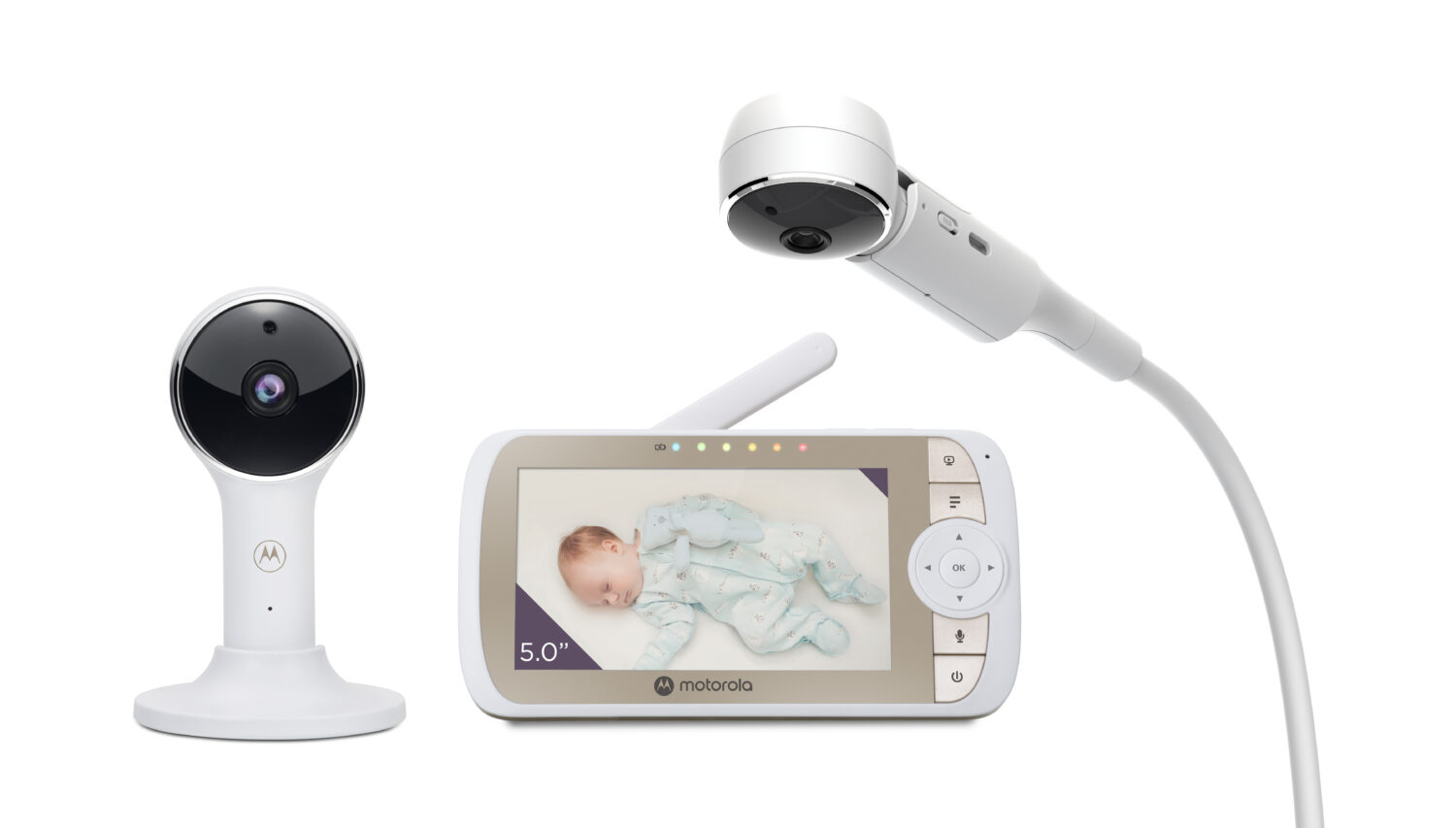 Motorola | Full HD Wi-Fi Video Baby Monitor with Crib Mount | VM65X CONNECT 5.0" | 5.0" LCD colour display with 480 x 272 resolution; Lullabies; Room temperature monitoring; Infrared night vision; LED sound level indicator; Wi-Fi connectivity for on-the-go viewing; 2.4GHz FHSS  wireless technology for in-home viewing; Digital pan, tilt and zoom; High sensitivity microphone; Rechargeable parent unit; Secure and private connection; Over-the-crib mount; Flexible magnetic mount | White/Gold