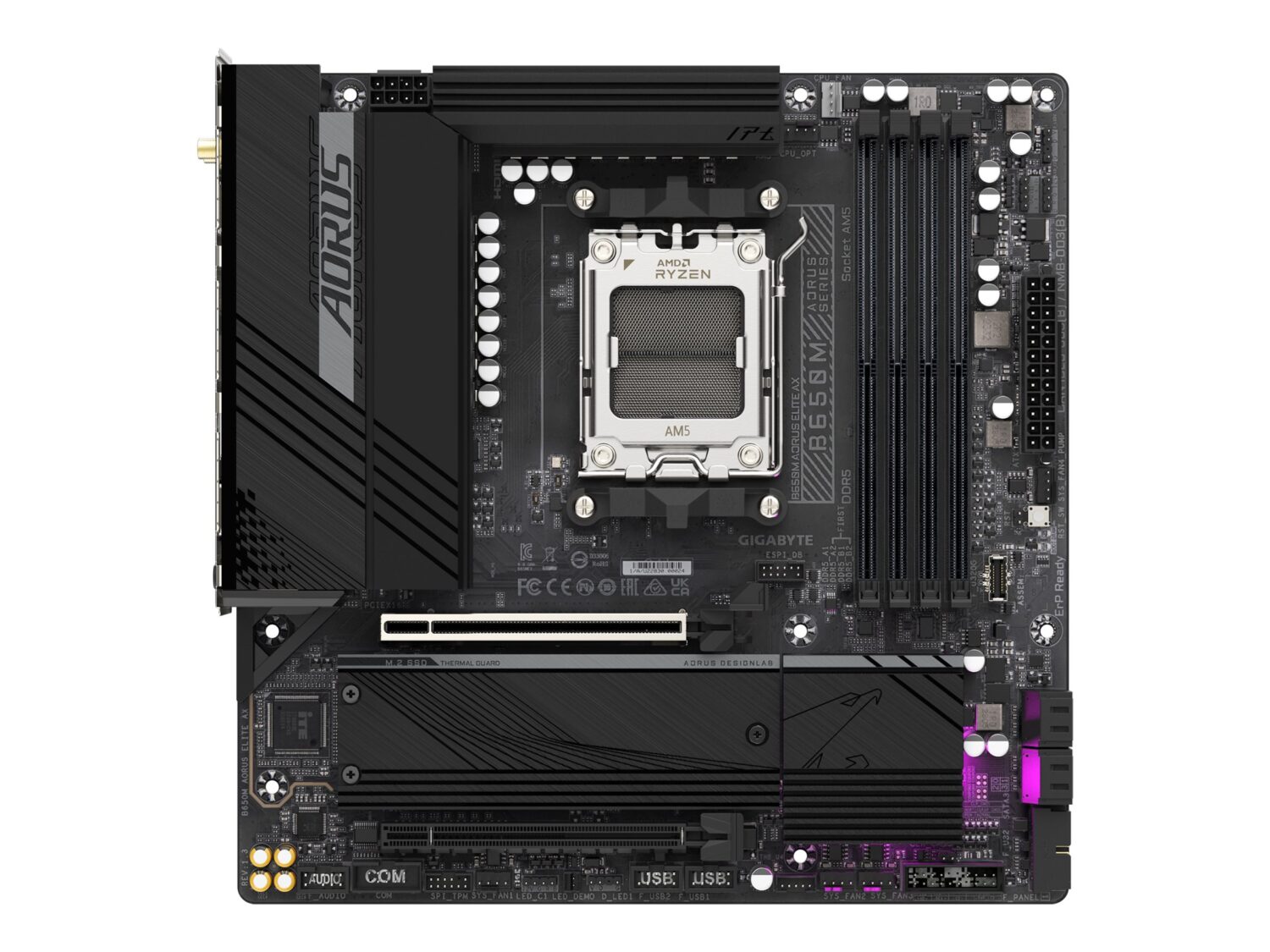 Gigabyte | B650M AORUS ELITE AX rev 1.3 | Processor family AMD | Processor socket AM5 | DDR5 DIMM | Supported hard disk drive interfaces 	SATA, M.2 | Number of SATA connectors 4