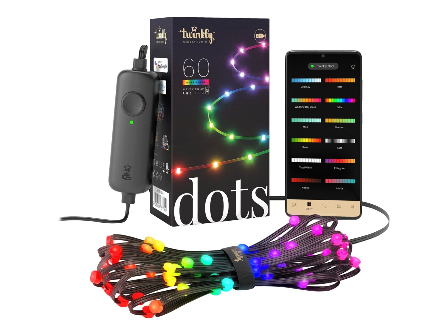 Twinkly|Dots Smart LED Lights 60 RGB (Multicolor), USB Powered, 3m, Black|RGB – 16M+ colors