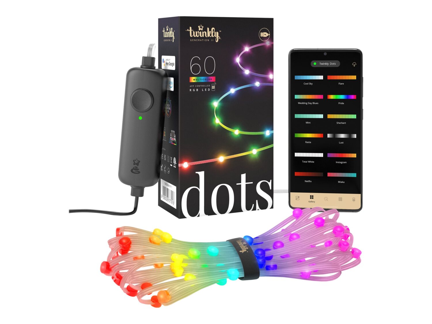 Twinkly|Dots Smart LED Lights 60 RGB (Multicolor), USB Powered, 3m, Transparent|RGB – 16M+ colors