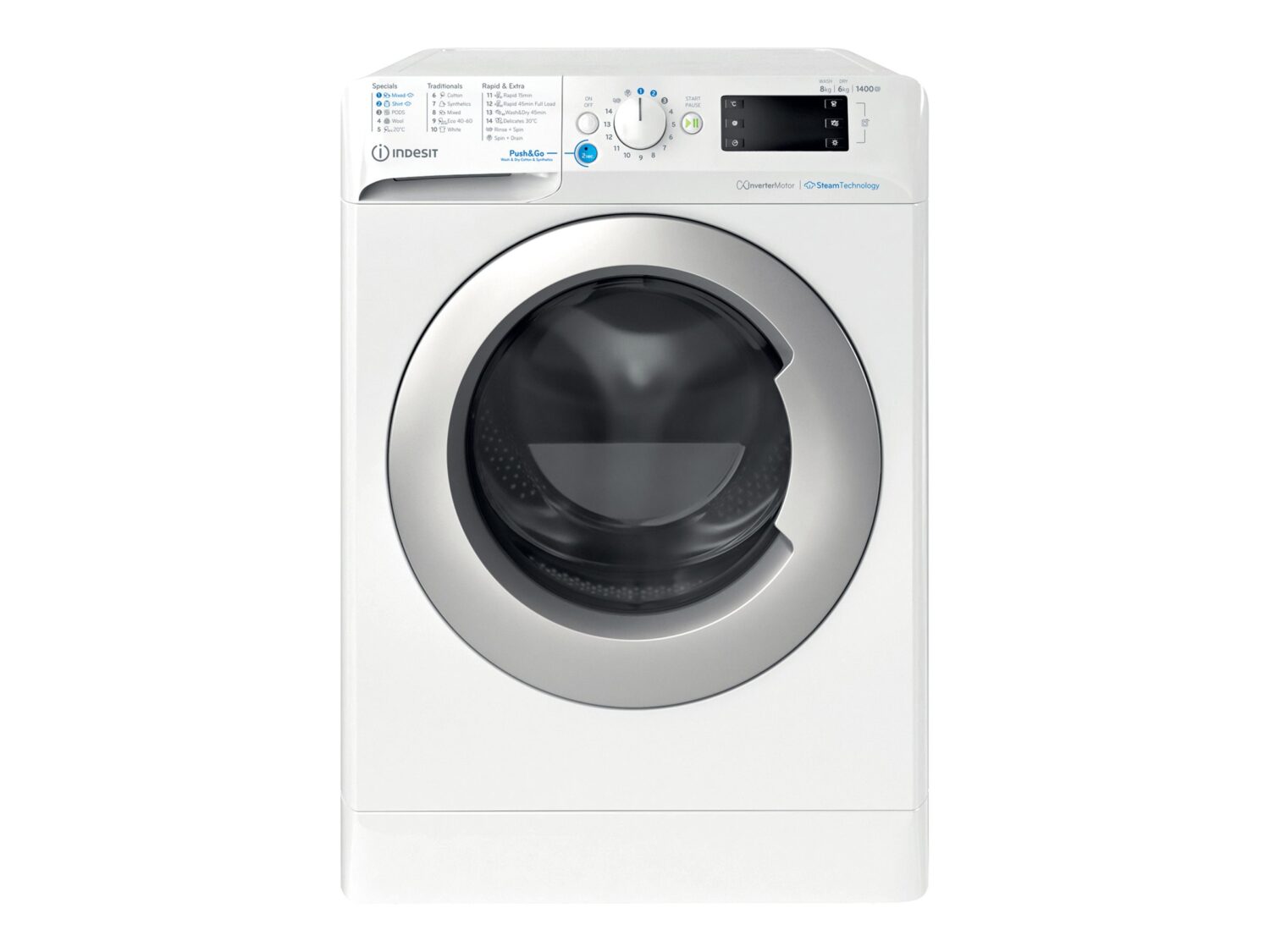 INDESIT | Washing Machine with Dryer | BDE 86436 WSV EE | Energy efficiency class A/D | Front loading | Washing capacity 8 kg | 1400 RPM | Depth 54 cm | Width 59.5 cm | LCD | Drying system | Drying capacity 6 kg | White