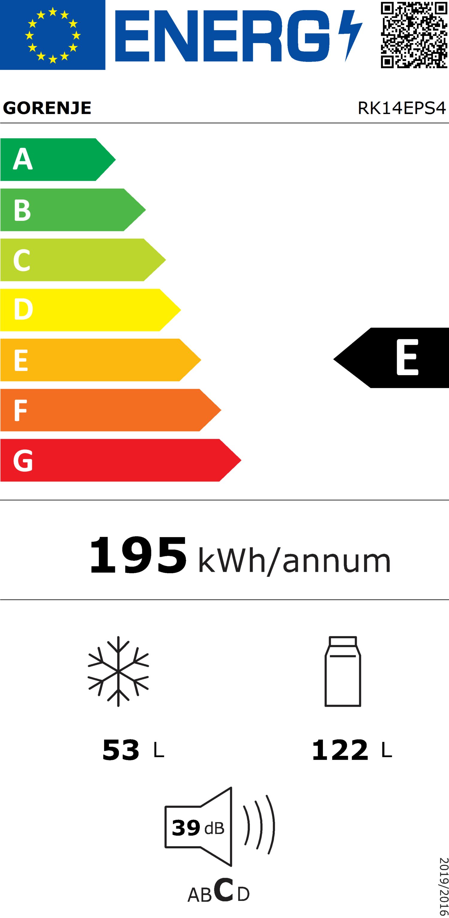 Gorenje | Refrigerator | RK14EPS4 | Energy efficiency class E | Free standing | Combi | Height 143 cm | Fridge net capacity 122 L | Freezer net capacity 53 L | 39 dB | Silver